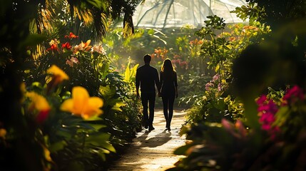 A couple walking hand in hand through a lush garden, framed by vibrant flowers and greenery