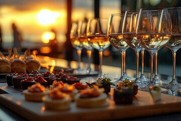 In soft glow of a sunset- a close-up view captures exquisite arrangement of wineglasses and delectable appetizers adorning dining table of a modern restaurant within a luxurious hotel- offering a tan