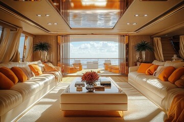 With a wide-angle view of luxurious motor yacht's interior- rich modern design of salon area exudes opulence and comfort- creating a perfect relaxation space for water travel- while sunny day outside