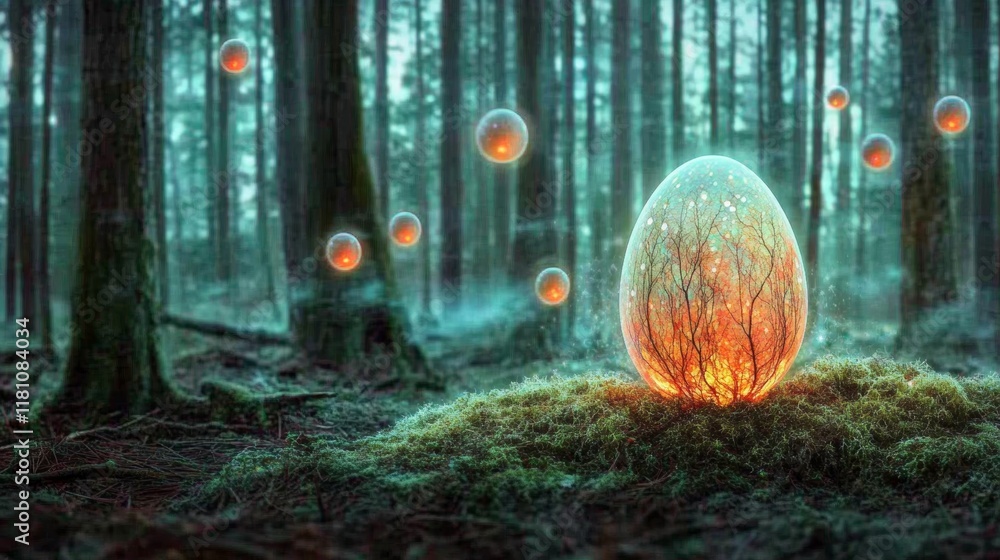 Poster glowing easter egg resting on luminous moss in a twilight forest with enchanting floating orbs
