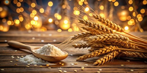Rustic Wheat Ears and Flour on Wooden Table with Bokeh Effect for Culinary and Farmhouse Decor