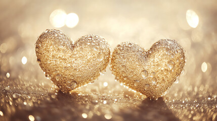 Obraz premium Two golden hearts with bokeh effect. Represents romantic partnership and shared love concepts.