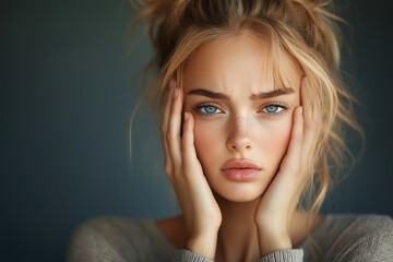 Beautiful blonde woman with her hands on her face, showing signs of pain and unease.