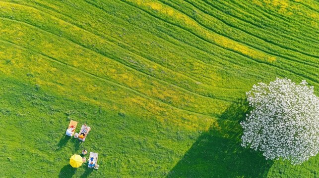 Aerial View of Spring Picnic: A picturesque aerial shot reveals a tranquil spring picnic scene amidst a vibrant green field, highlighted by a blossoming cherry tree casting its shadow.