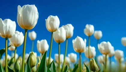 tulips with rich green leaves and a warm abstract blue background
