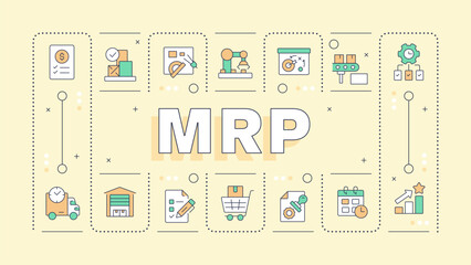 MRP pastel yellow word concept. Material requirements and manufacturing resource planning. Typography banner. Vector illustration with title text, editable icons color. Hubot Sans font used