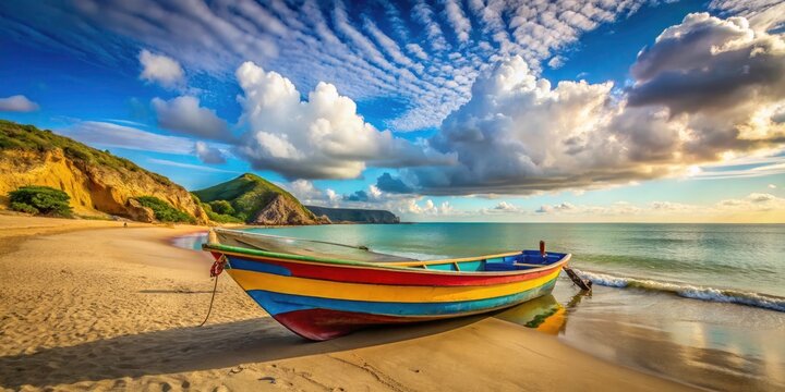 Serene Montecristi Beach with a Vibrant Boat: Scenic Coastal Views and Tranquil Waters Captured in Perfect Harmony for Stunning Stock Photography