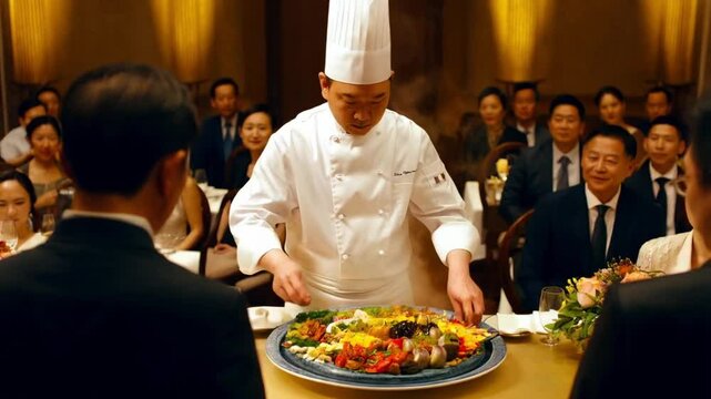 Culinary Masterpiece: Chef Presenting Exquisite Dish at Elegant Dinner