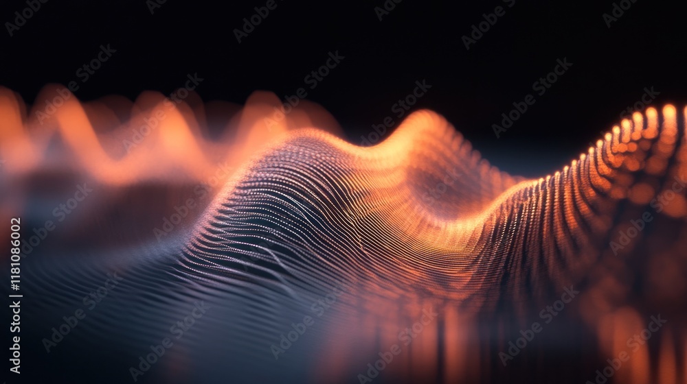 Poster abstract orange and black digital waveform: glowing particle field visualization