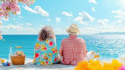 Serene Beachside Picnic: A loving couple embraces a tranquil beachside picnic, their backs to the viewer as they soak in the breathtaking seascape.