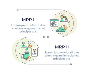 MRP infographic vertical sequence. Manufacture technology improvement. Industrial inventory. Visualization infochart with 2 steps. Circles workflow. Montserrat SemiBold, Lato Regular fonts used