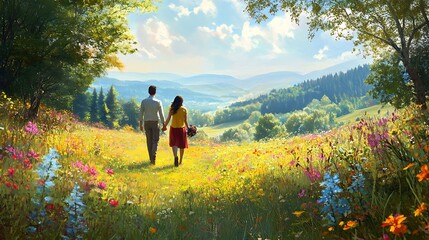 A man and woman walking hand in hand through a peaceful meadow with colorful flowers framing the scene and a forest in the background