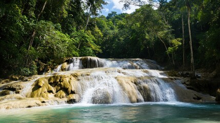 Serene Cascading Waterfalls in Lush Tropical Paradise