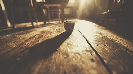 Sunlit Wooden Floor with a Small Cup