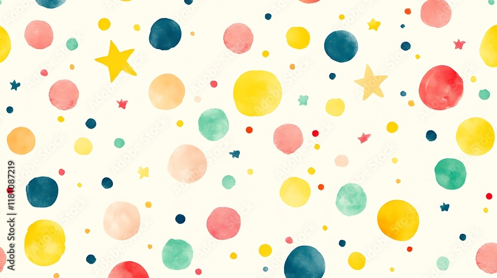 Poster playful pattern of colorful circles and stars creating a fun background design