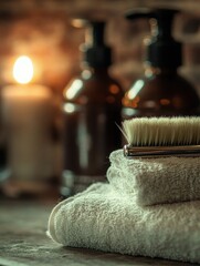 A serene bathroom scene featuring soft towels, amber bottles, and a glowing candle, creating a calming and inviting atmosphere.