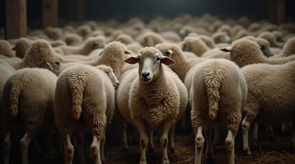 Densely Packed Flock of Sheep in a Gently Lit Rustic Barn