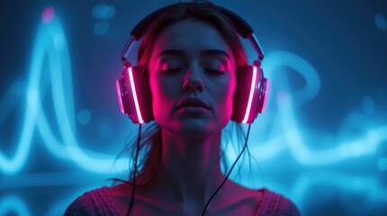 Woman Listening to Music with Glowing Headphones in Futuristic Lighting