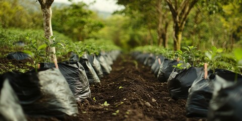 Rows of young plants in black plastic bags growing in rich soil. (1)