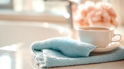 Serene coffee cup with blue napkin. Represents relaxation and comfort moment visualization.