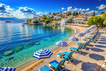 Fototapeta premium Spetses Island Greece: Stunning View, White & Blue Beach Chairs, High-Resolution Photo, Deep Depth of Field, Greek Island Paradise, Summer Vacation