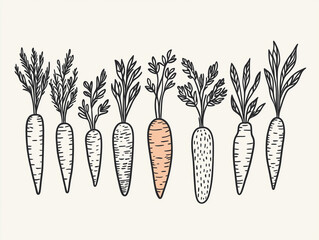Hand-drawn illustrations of carrots with varying textures on a light background for food design concept