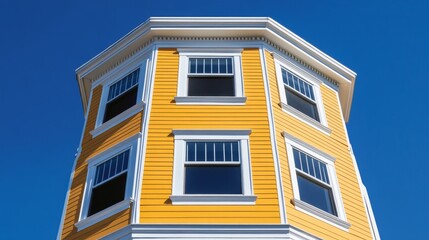 Obraz premium Yellow Octagonal House Exterior Against Vivid Blue Sky