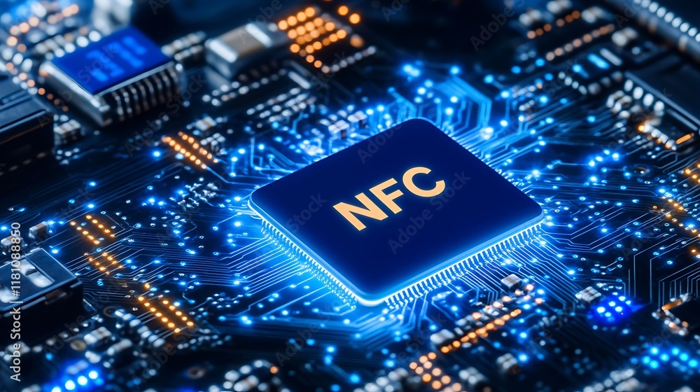 Aufkleber close-up of an nfc chip on a high-tech circuit board representing modern connectivity