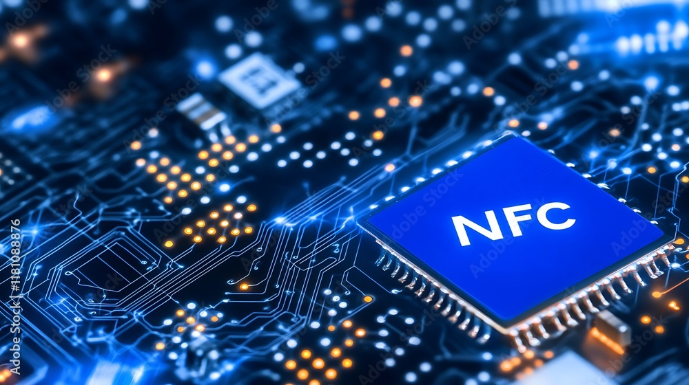 Poster close-up of an nfc chip on a high-tech circuit board representing modern connectivity