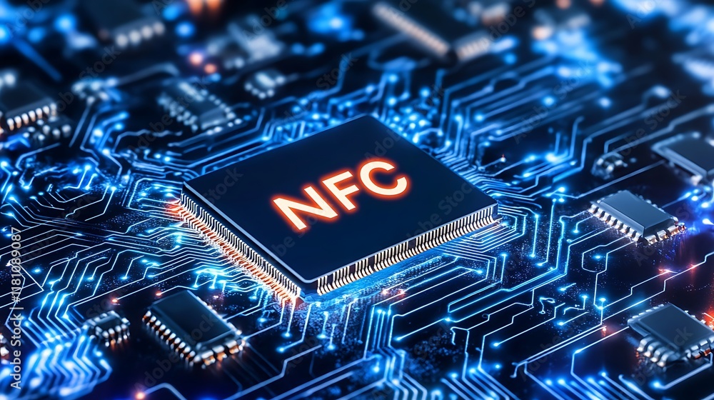Aufkleber close-up of an nfc chip on a high-tech circuit board representing modern connectivity