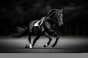 A powerful black horse gallops energetically across a sandy arena as the sun sets, creating a striking silhouette against the darkening background. Its mane and tail flow gracefully in the wind
