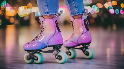 Woman's feet in iridescent roller skates gliding on a rink at night, festive lights blurred in background, leisure activity.