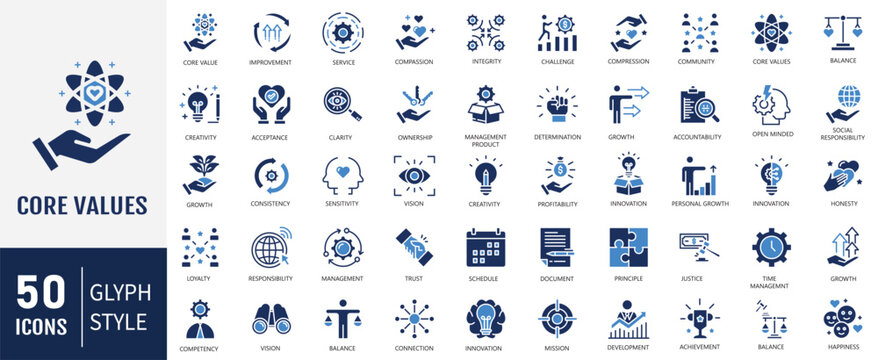 Core values solid icon set. Containing icons: Acceptance, achievement, adaptability, authenticity, autonomy, balance, badness and more. Vector illustration