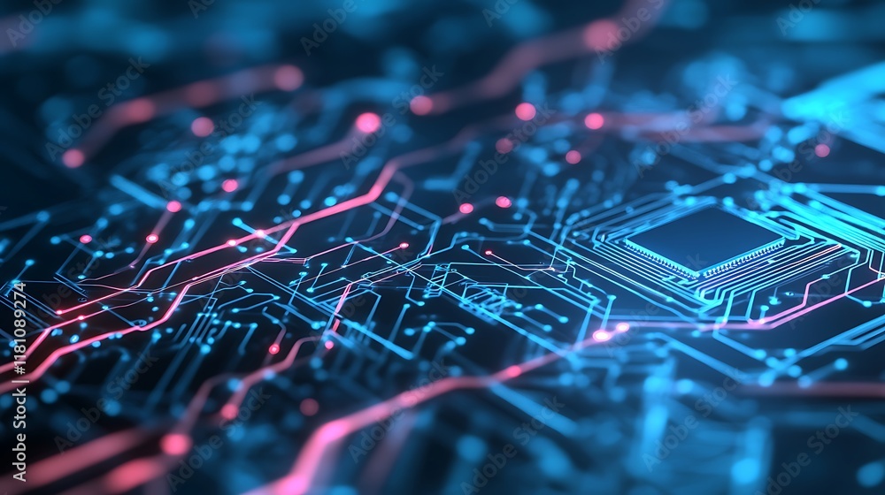Poster high-tech circuit board with vibrant connections showcasing modern computing