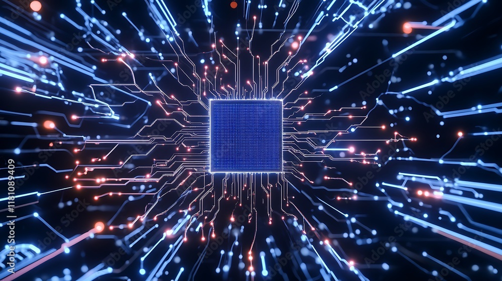 Poster high-tech circuit board with vibrant connections showcasing modern computing