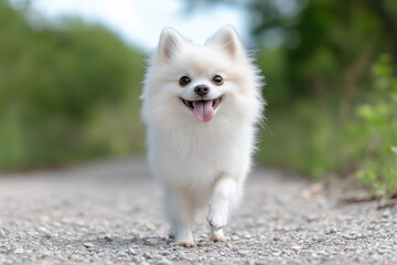Fototapeta premium white pomeranian spitz dog running on the road in summer