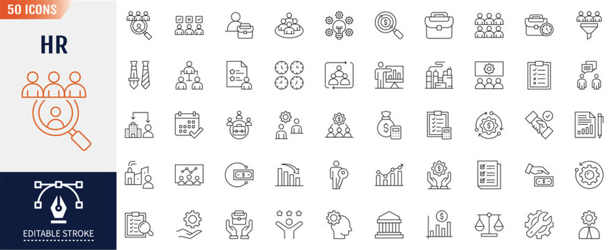 Human resources icon set. Editable stroke. Employee, work, business, organization structure, industry, cycle economy, hr. Vector illustration