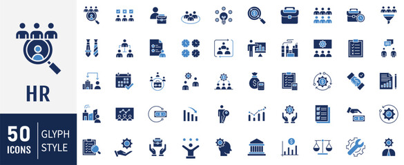 Human resources solid icon set. Containing icons: Employee, work, business, organization structure, industry, cycle economy, hr and more. Vector illustration