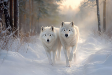 Obraz premium pair of white wolves in the winter forest.