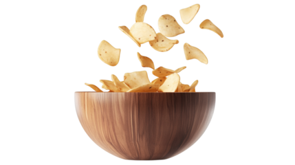 potato chips falling in wooden bowl isolated on white transparent background