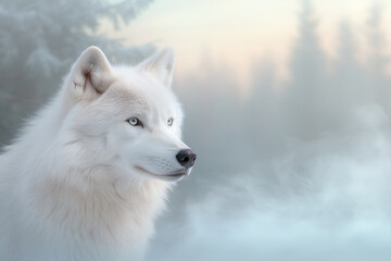Naklejka premium Portrait of a beautiful white wolf in the winter forest.