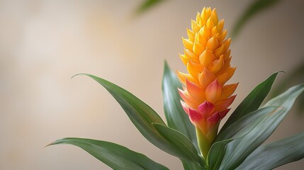 Close-up of a vibrant orange and red pineapple plant blossom with green leaves against a soft beige background.