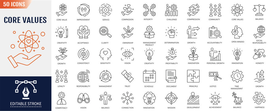 Core values icon set. Containing icons: Acceptance, achievement, adaptability, authenticity, autonomy, balance, badness and more. Vector illustration