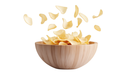 potato chips falling in wooden bowl isolated on white transparent background