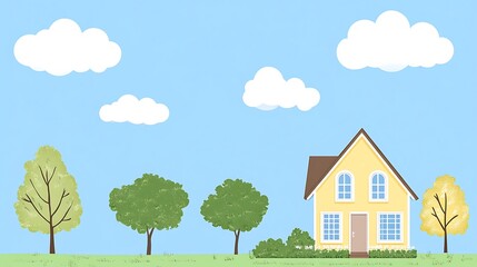 Fototapeta premium Charming Yellow House Surrounded by Lush Greenery and Blue Sky with Fluffy Clouds