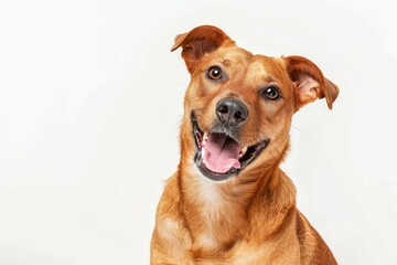 High Quality Image of Happy Mixed Breed Dog Sitting Isolated on White Background