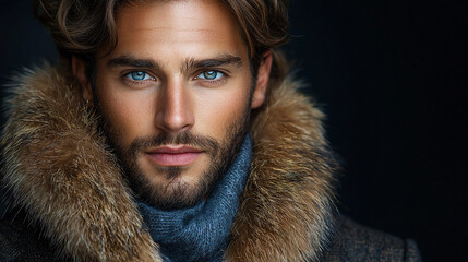 Close-up portrait of a handsome man with blue eyes, wearing a fur-trimmed coat and scarf.