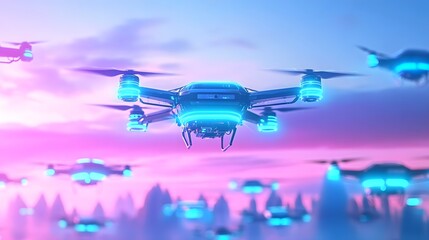 futuristic drone swarm, neon sky - cyberpunk aesthetics