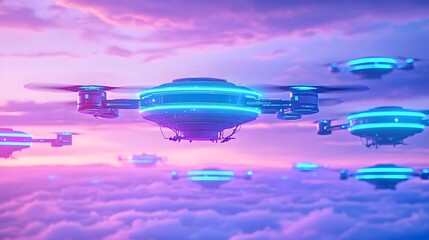 futuristic drones flying above cloudscape - neon colors