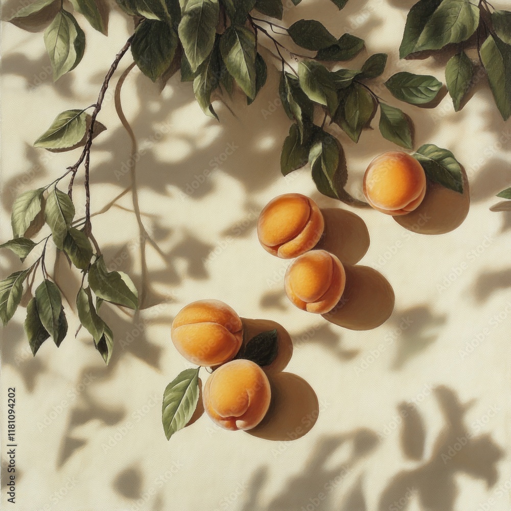 Wall mural Still life painting of four ripe apricots under a leafy branch casting shadows on a light beige background.